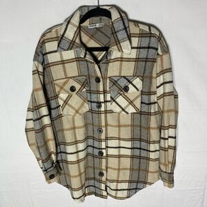 Devoted Grey Beige Black Plaid Button Up Shirt Shacket XS